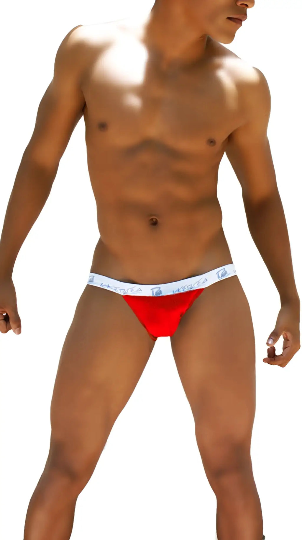 Red icker sea smile me microslip bikini briefs with white waistband and blue text for athletic use