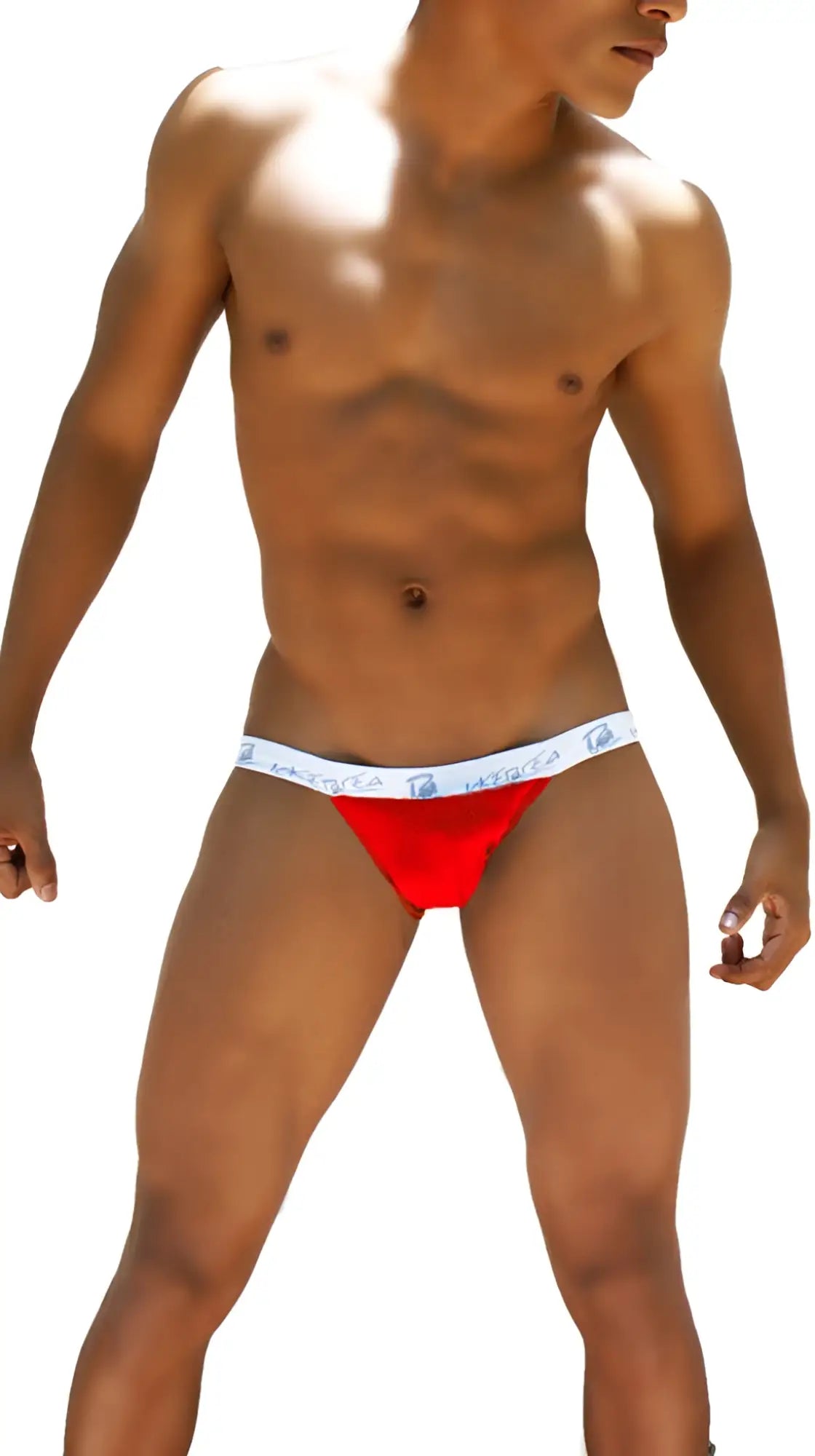 Red icker sea smile me microslip bikini briefs with white waistband and blue text for athletic use