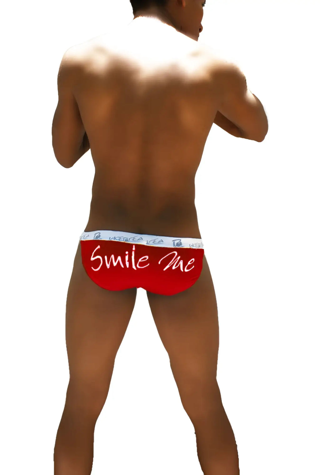 Red briefs with white trim and smile me cursive script front design icker sea microslip bikini underwear red COI-16-29