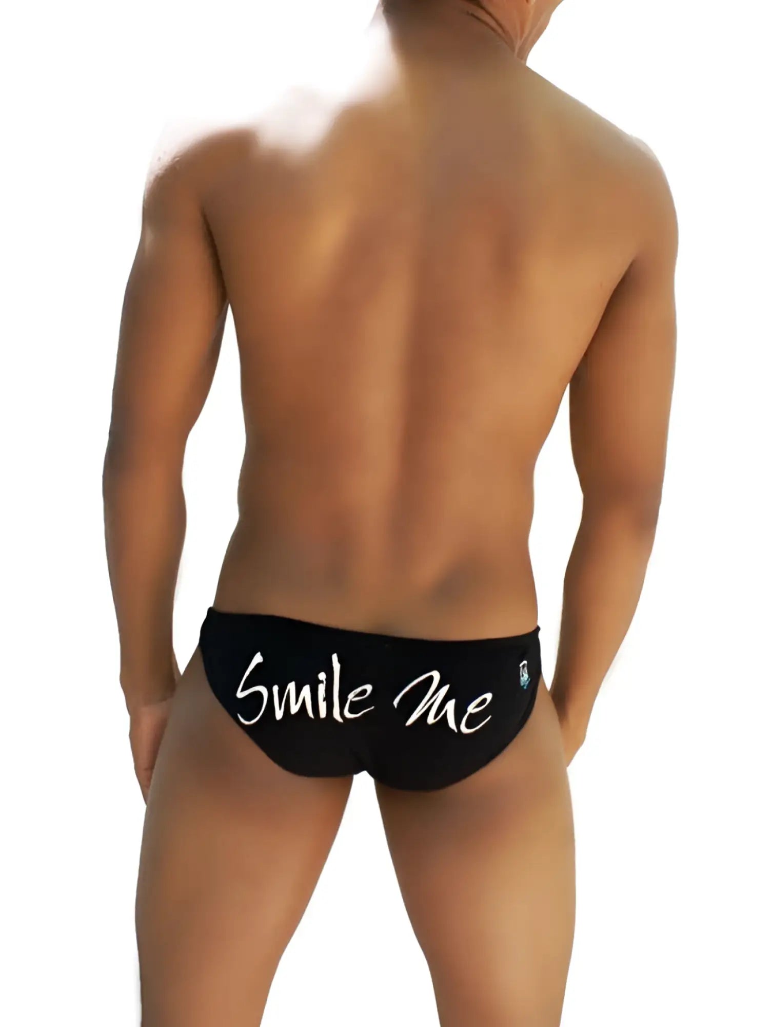 Black icker sea smile me slip bikini underwear shown from the back with white smile me text on swim trunks