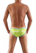 Bright lime green icker sea smile me slip bikini underwear with teal trim and white smile me script on the back