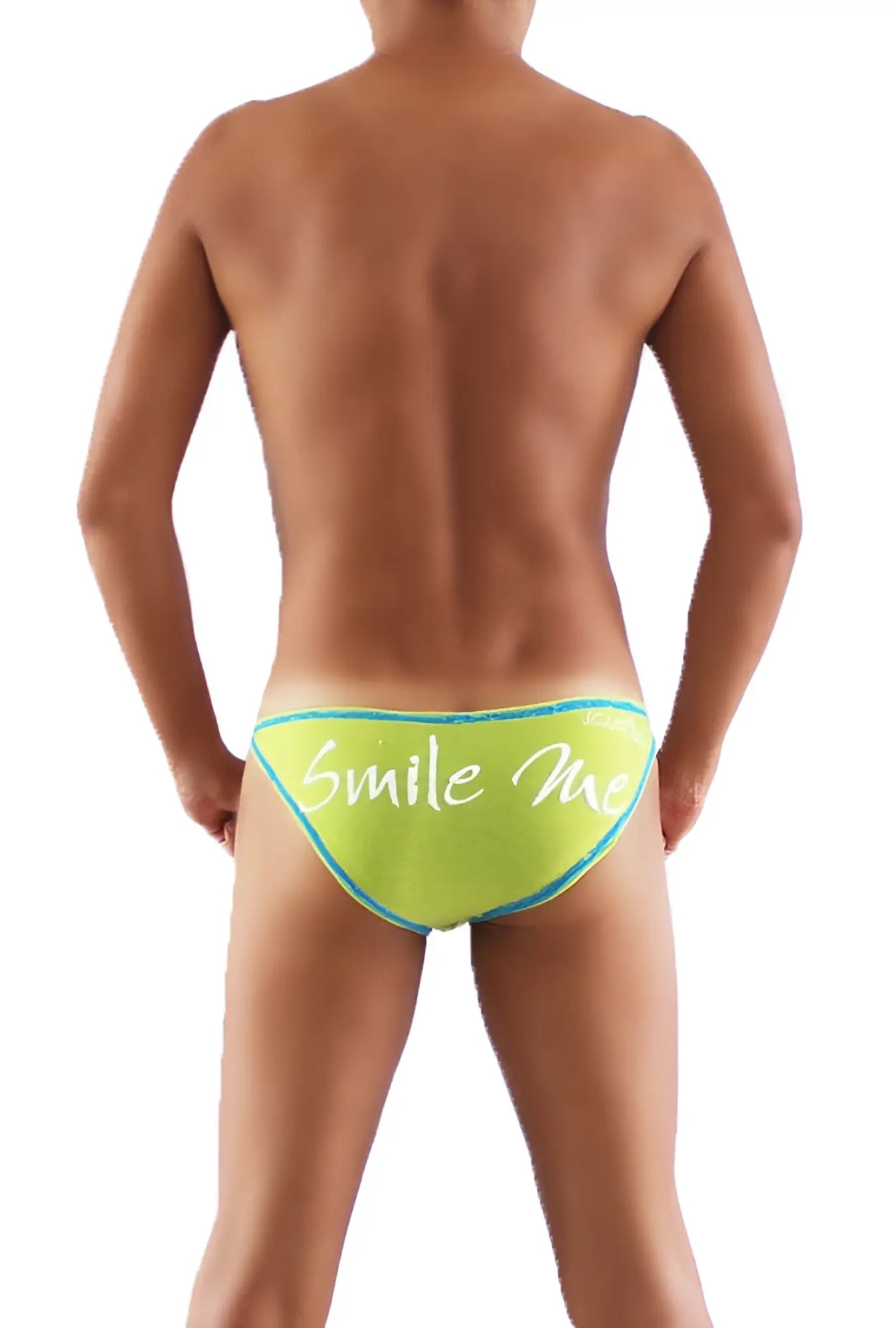 Bright lime green icker sea smile me slip bikini underwear with teal trim and white smile me script on the back