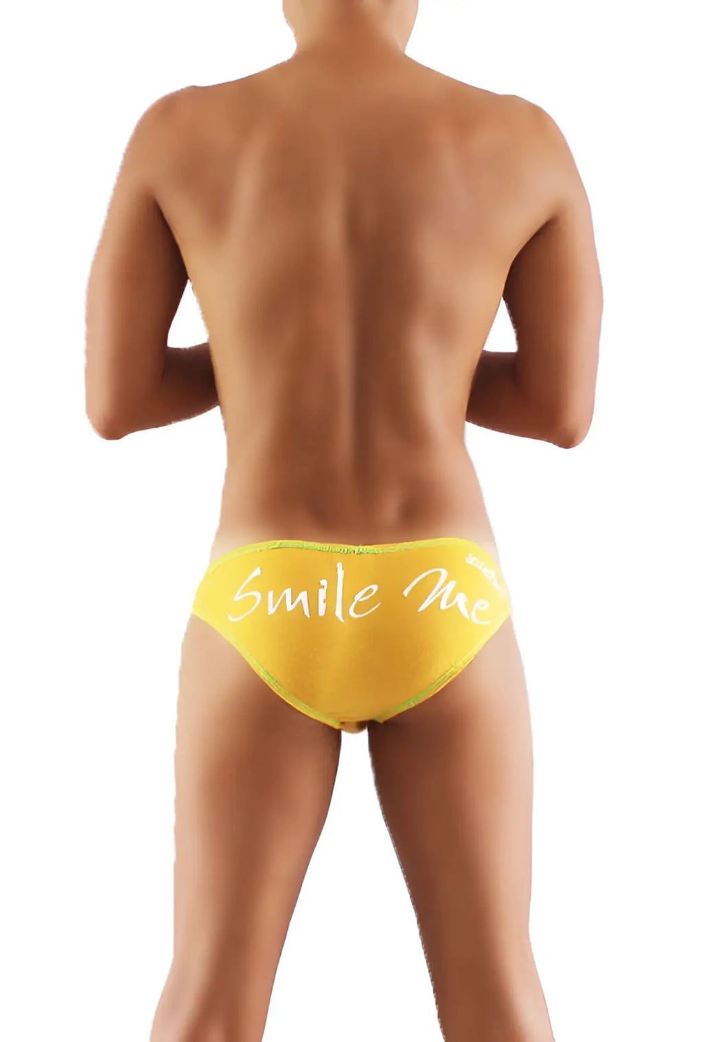 Bright yellow Icker Sea Smile Me slip bikini underwear with white cursive script front for swimwear and beachwear