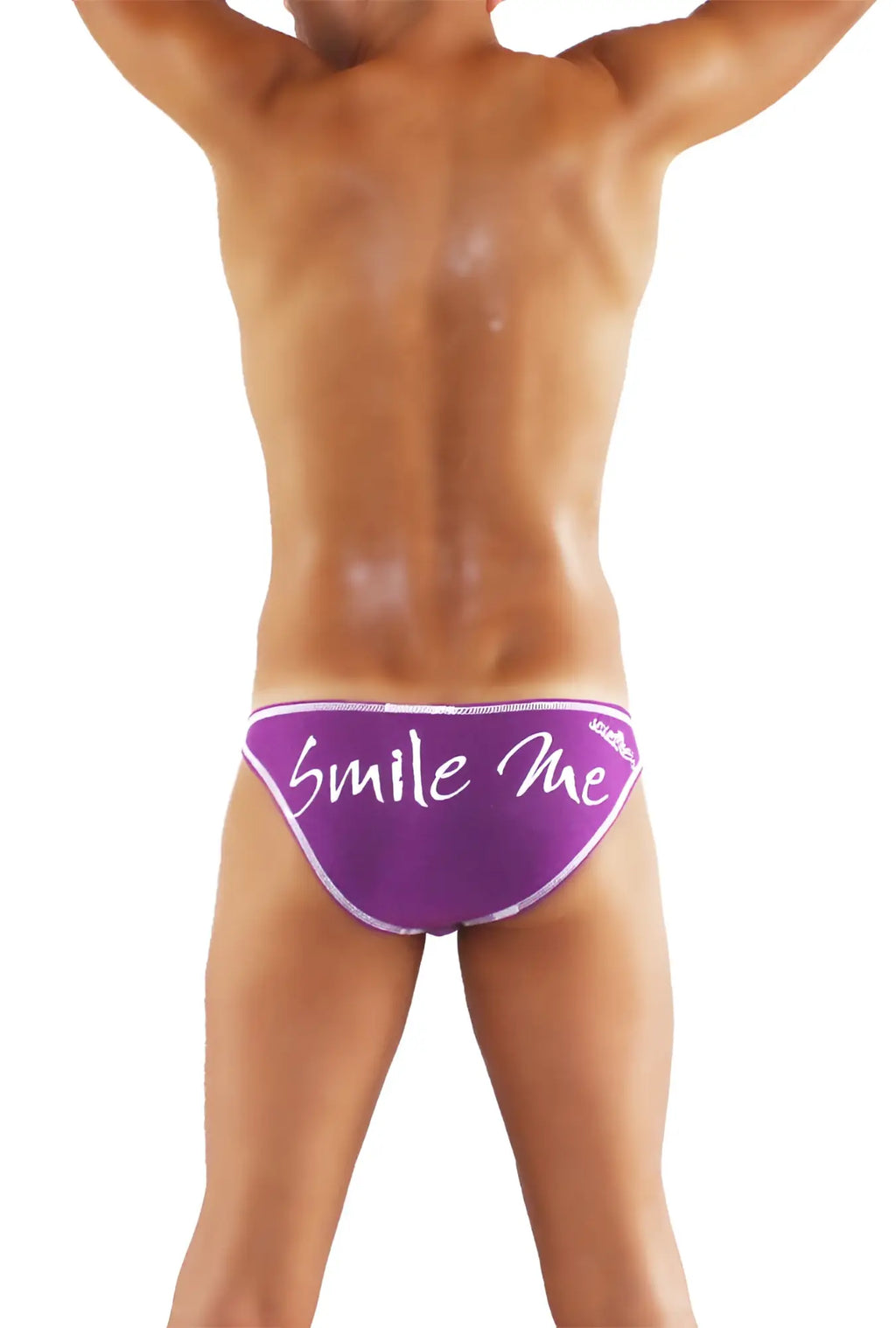 Purple icker sea smile me slip bikini underwear with white cursive text and small logo on waistband