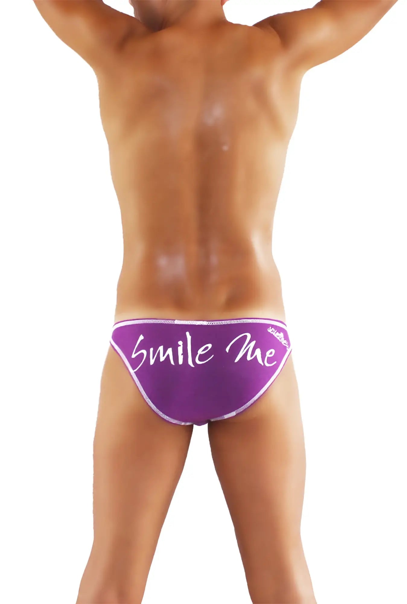 Purple icker sea smile me slip bikini underwear with white cursive text and small logo on waistband