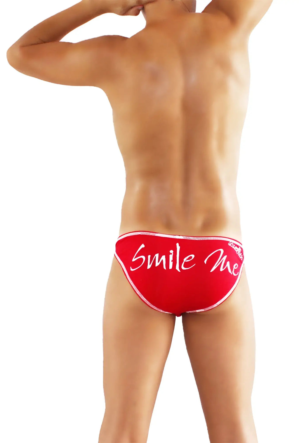 Red swim trunks with white smile me cursive text and thin white trim from icker sea slip bikini underwear collection