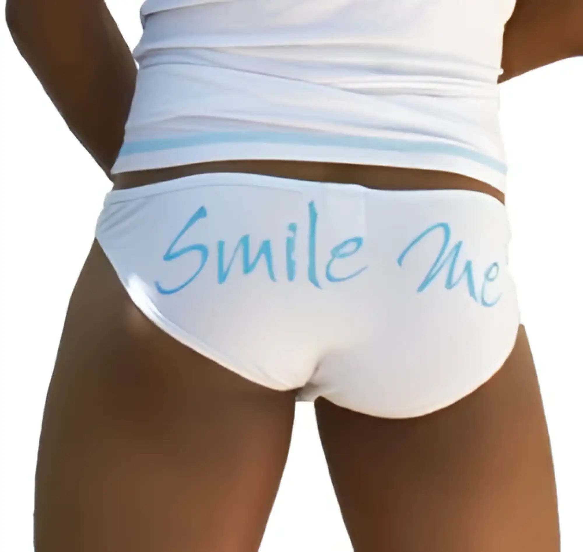 White briefs with light blue smile me cursive text by icker sea in slip bikini style white COI-13-16