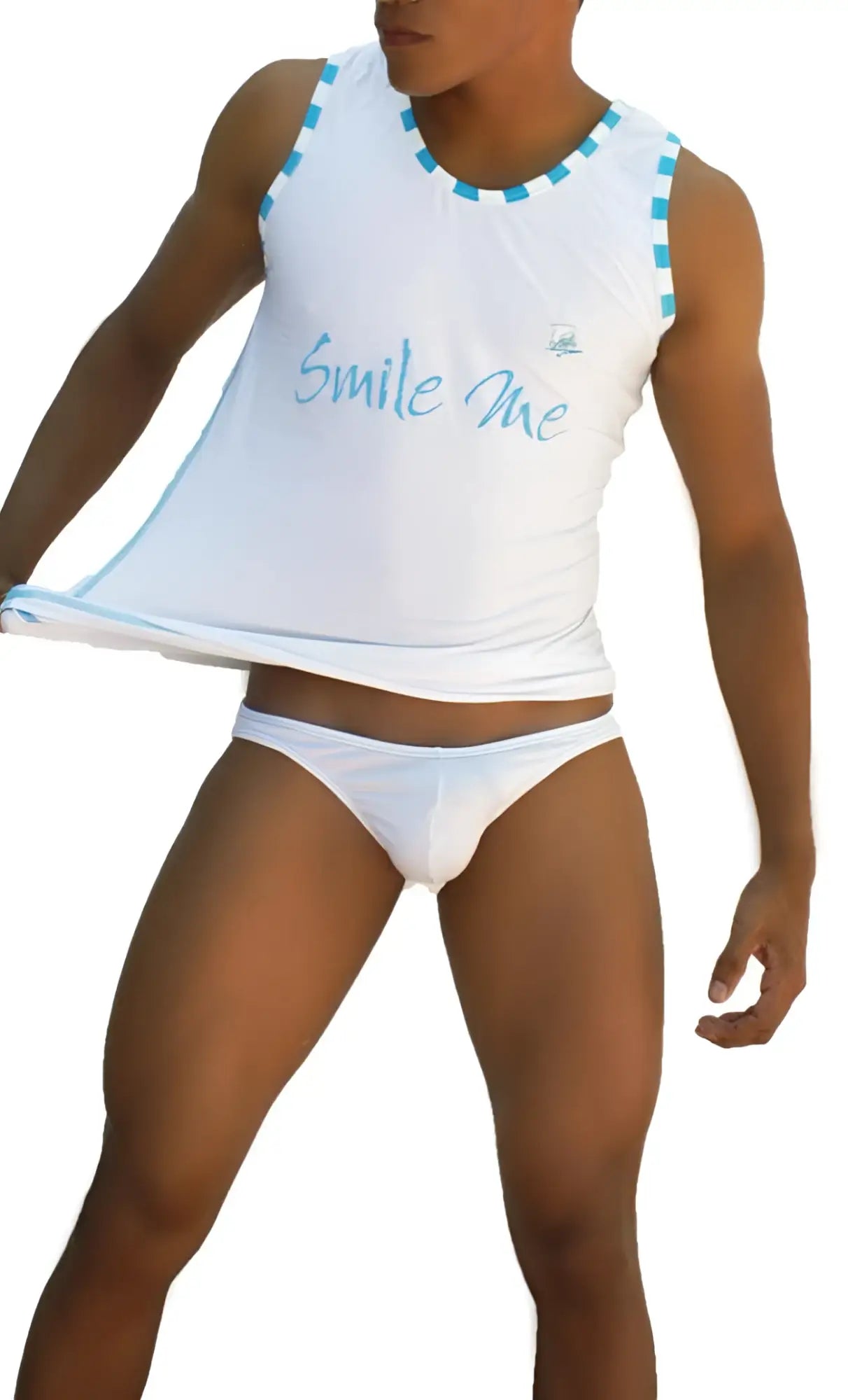 White sleeveless top with light blue trim and smile me script from Icker Sea smile me slip bikini underwear collection
