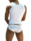 White tank top with light blue trim and matching briefs featuring smile me cursive script in icker sea slip bikini underwear