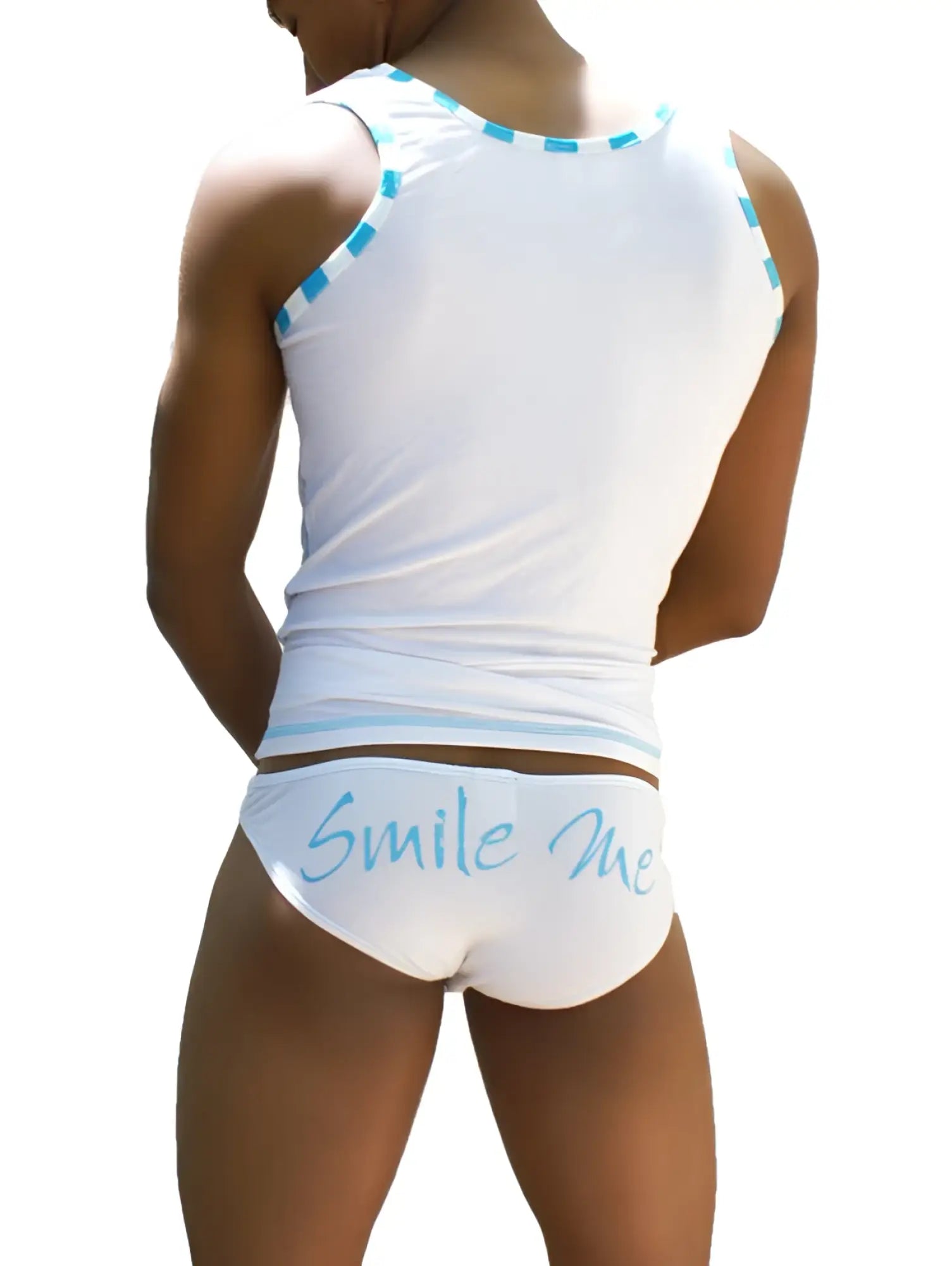 White tank top with light blue trim and matching briefs featuring smile me cursive script in icker sea slip bikini underwear