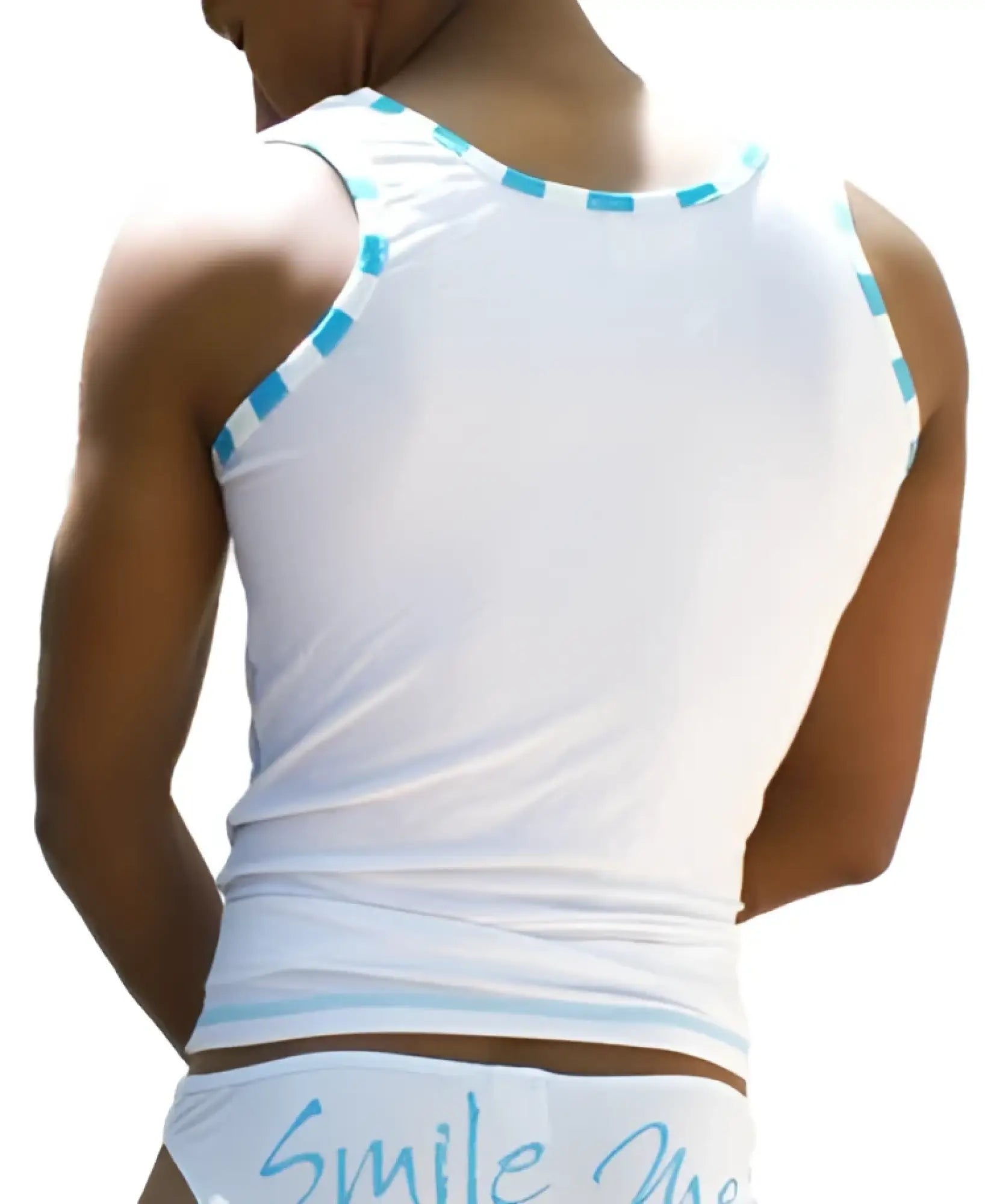 Icker sea smile me stripe trim tank top white with light blue trim, snug fit sleeveless shirt for casual wear
