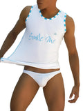 Icker sea smile me stripe trim tank top t shirt white with light blue cursive text and matching checkered trim