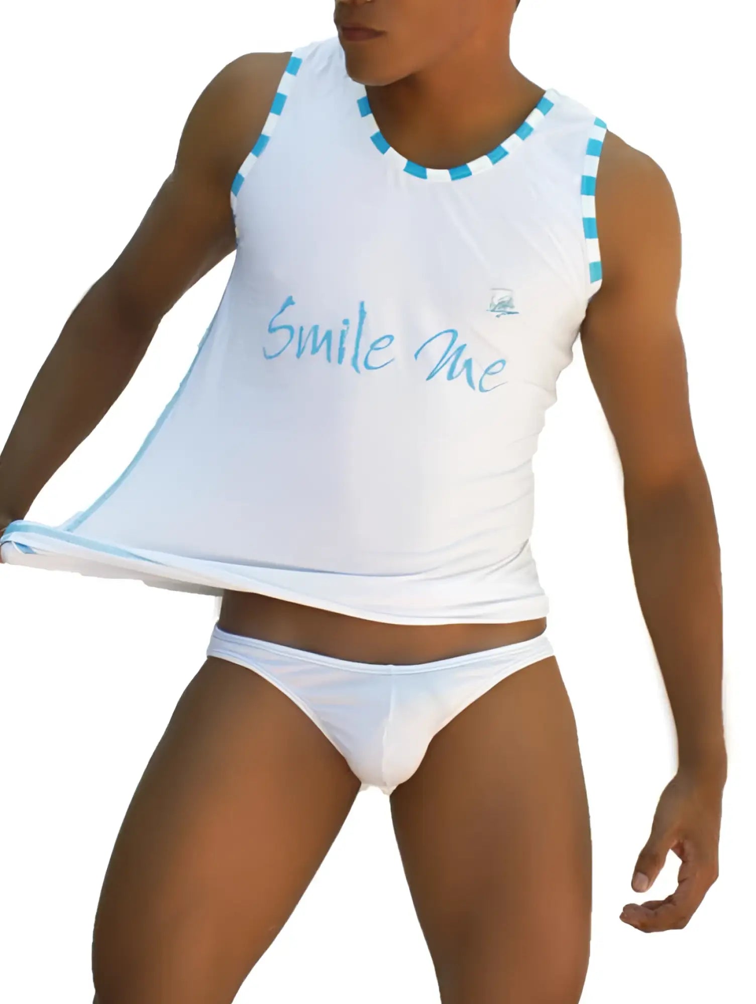 Icker sea smile me stripe trim tank top t shirt white with light blue cursive text and matching checkered trim