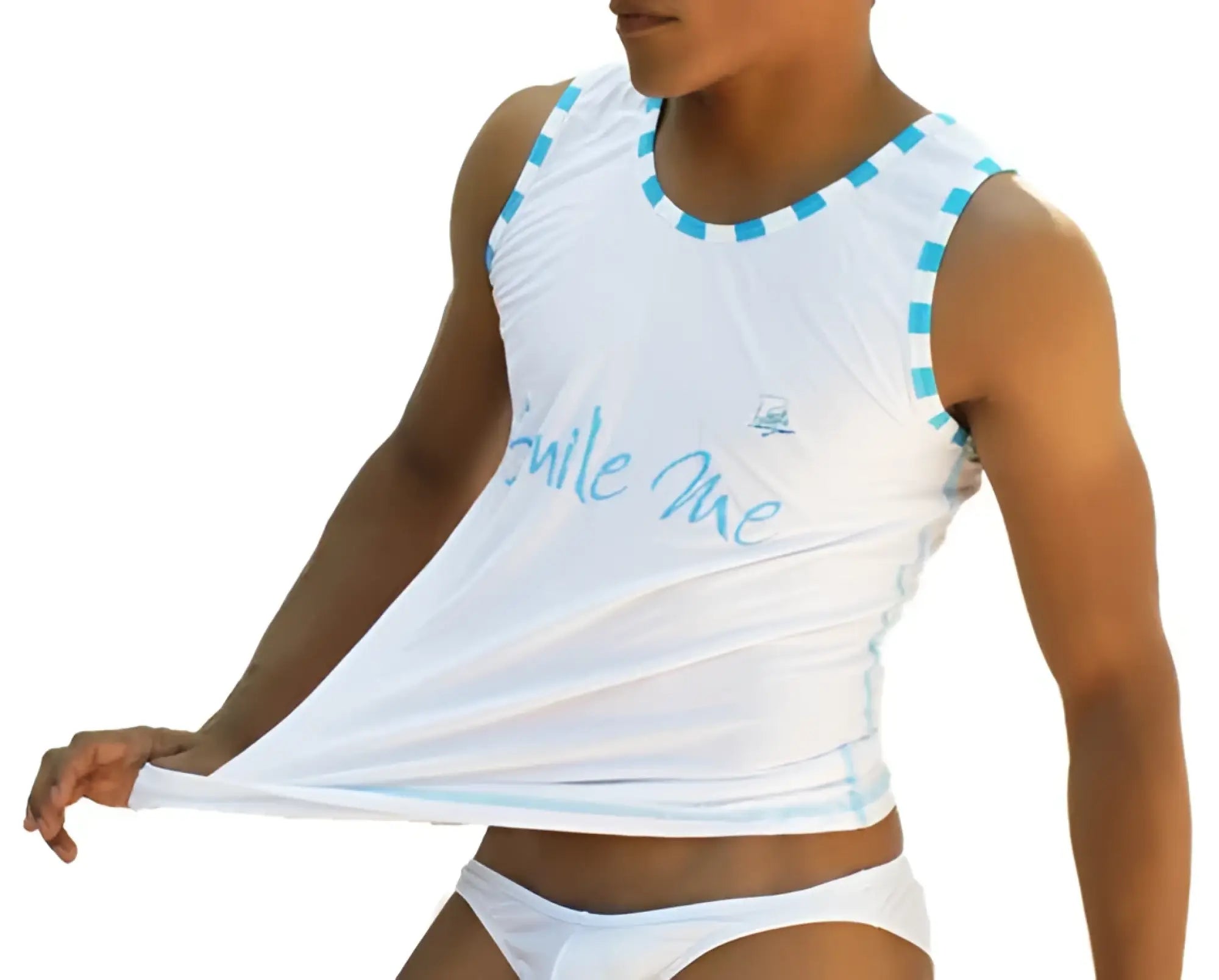 Icker Sea smile me stripe trim tank top white sleeveless with light blue trim and smile me text in matching color