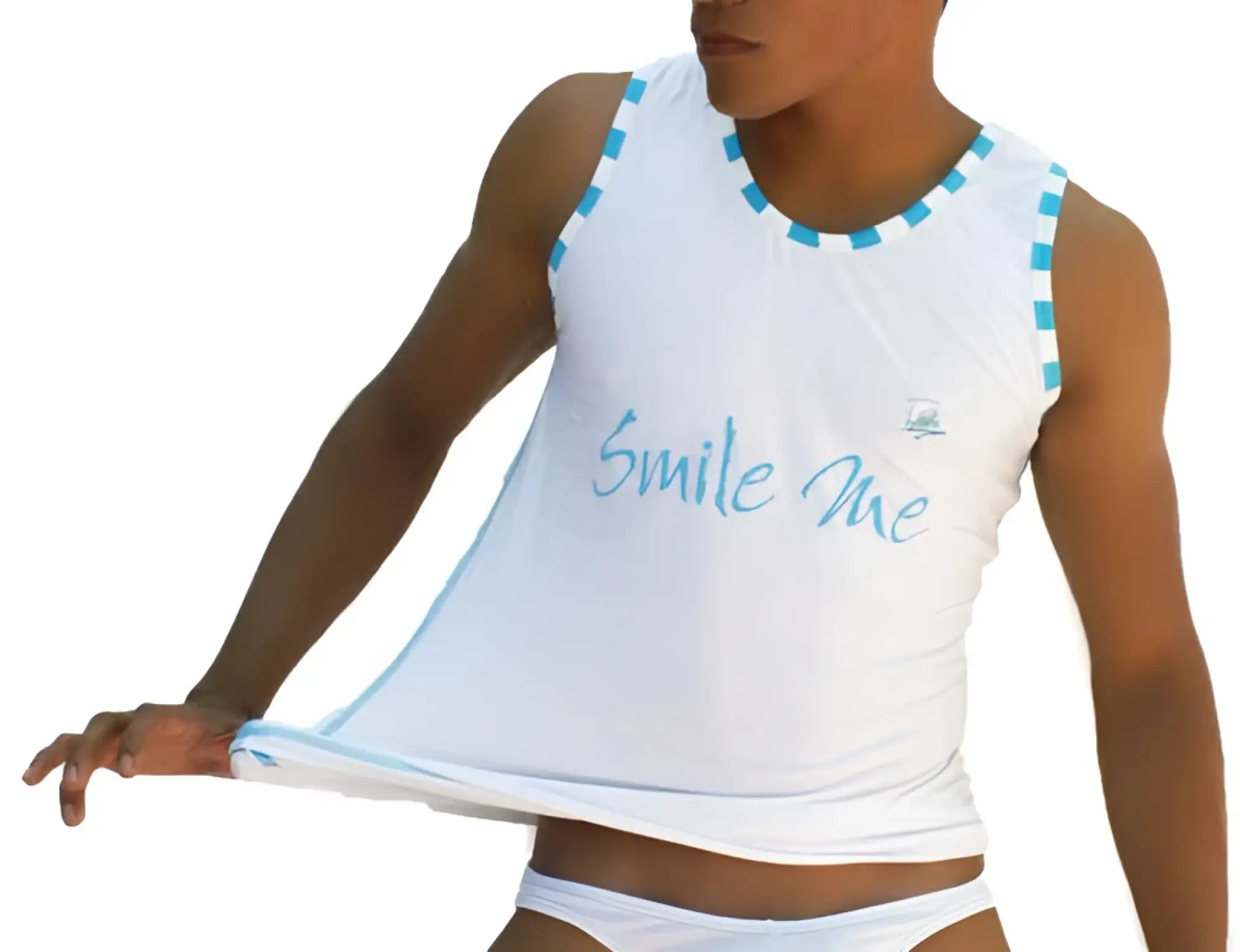 Icker Sea white sleeveless tank top with light blue smile me cursive text and matching checkered trim on neckline and armholes
