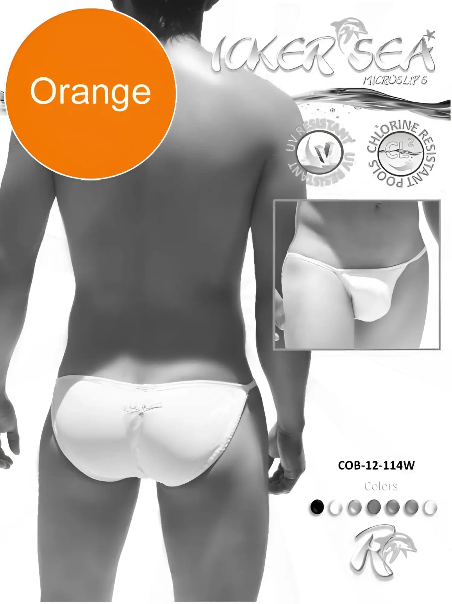 White micro slip swim trunks with small bow detail at the back and orange color option from Icker Sea solid micro slip bikini swimwear