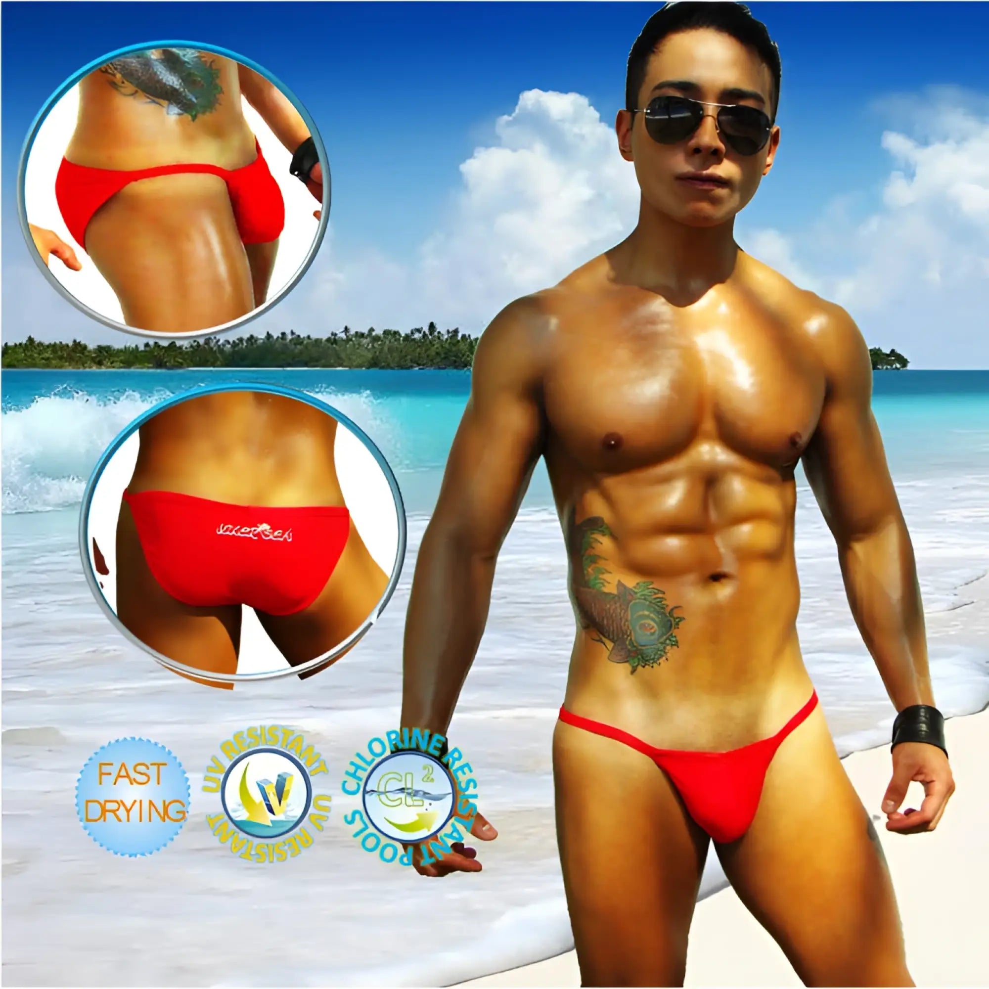 Vibrant red snug fitting icker sea solid micro slip bikini swimwear with subtle brand logo on waistband
