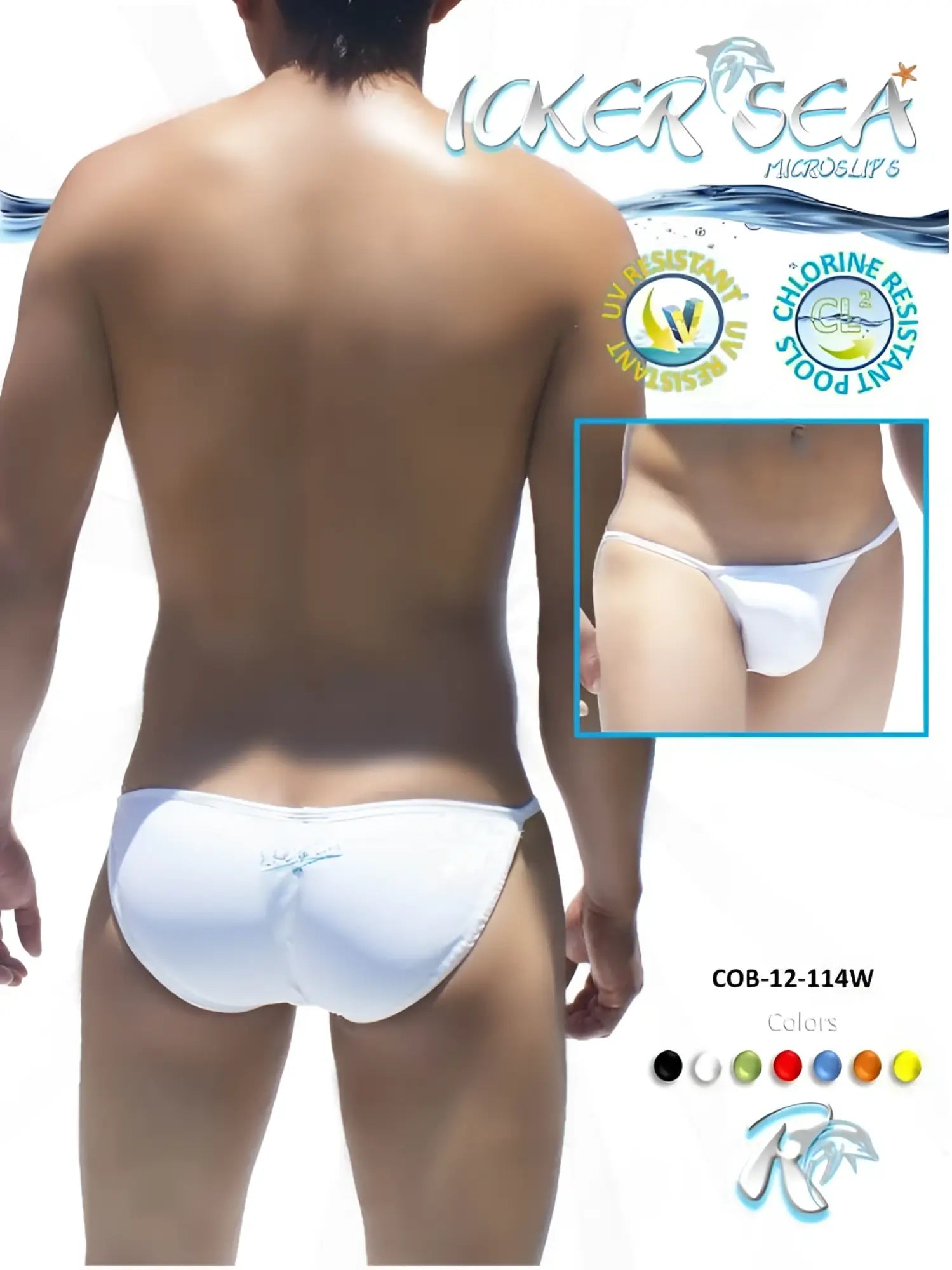 White micro slip bikini swimwear by icker sea showing the back with subtle blue logo on slip trunks