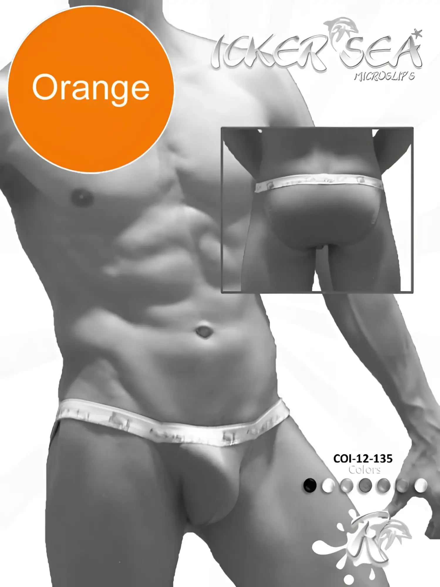 Orange micro briefs with white elastic waistband featuring icker sea logo solid micro slip bikini underwear co1-12-141