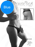 Back side of icker sea solid mini thong underwear in blue with a small diamond shaped logo on the back