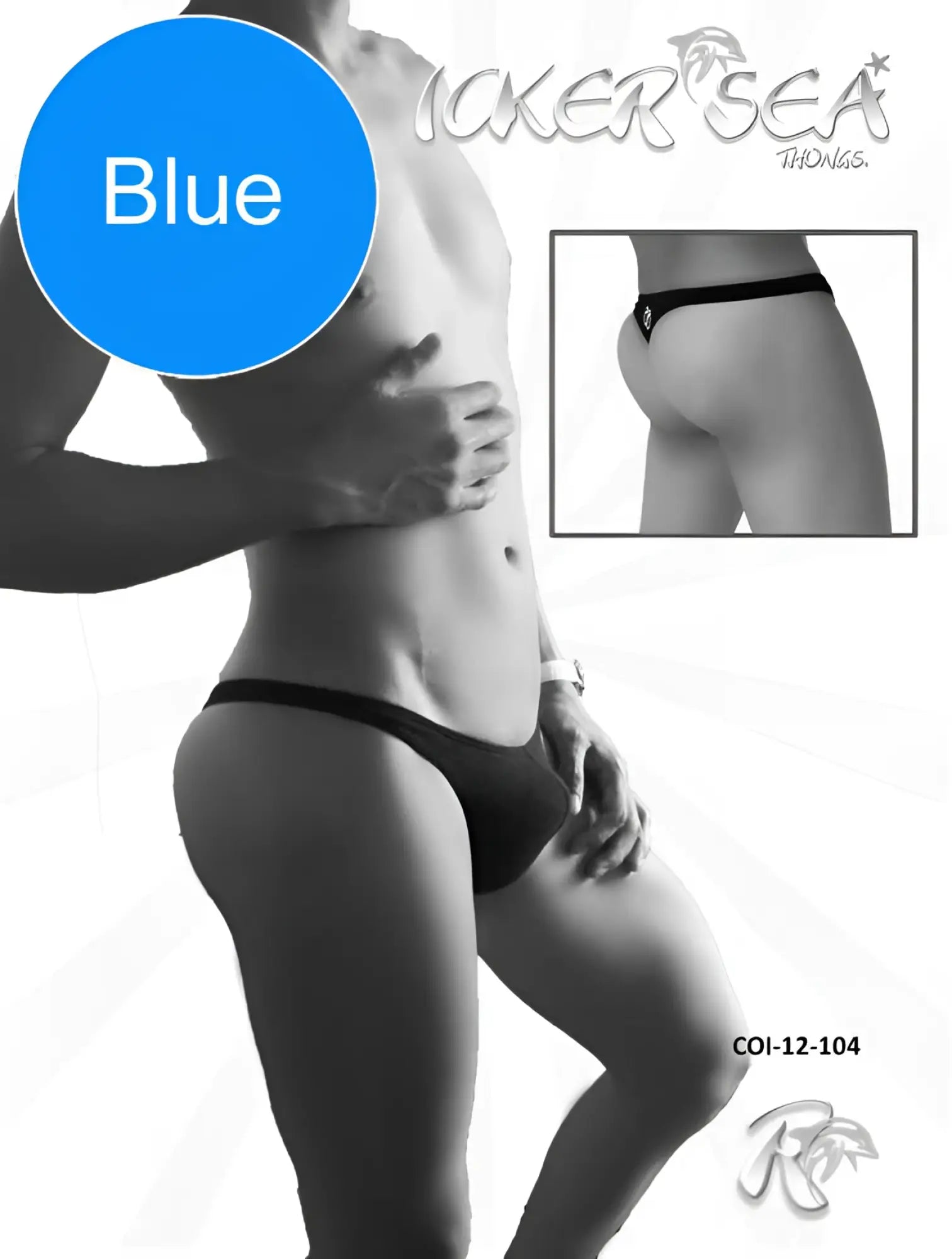Back side of icker sea solid mini thong underwear in blue with a small diamond shaped logo on the back