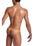 Back view of icker sea solid mini thong underwear in mango yellow with a small logo on the back