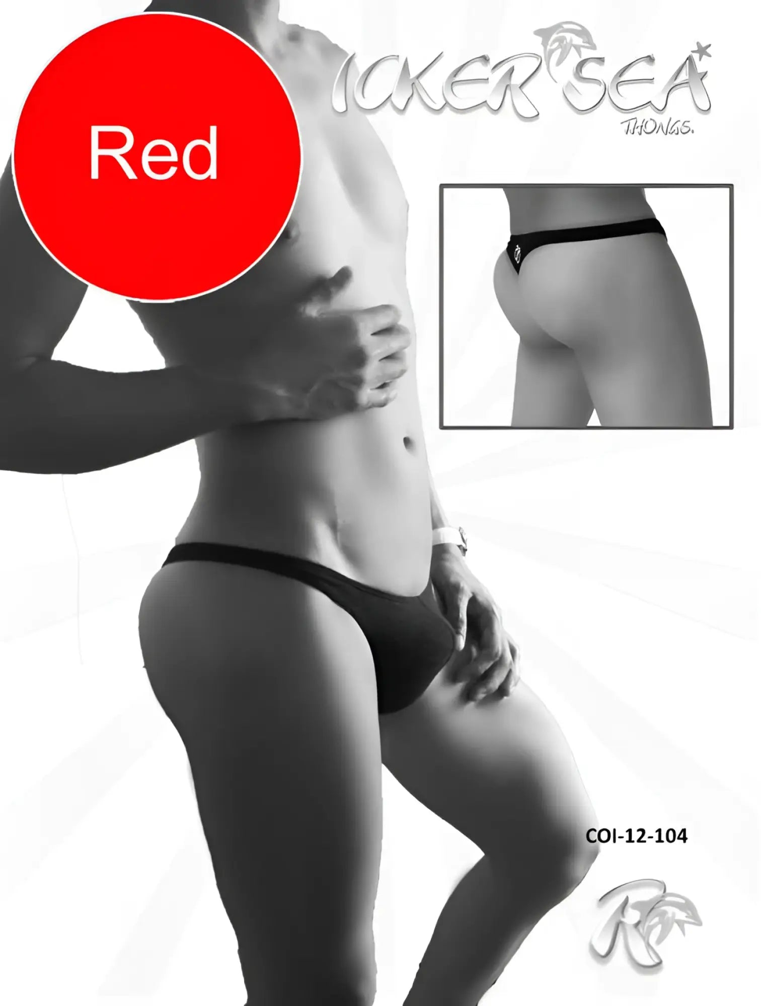 Back view of icker sea solid mini red thong underwear with a small diamond shaped logo on the back