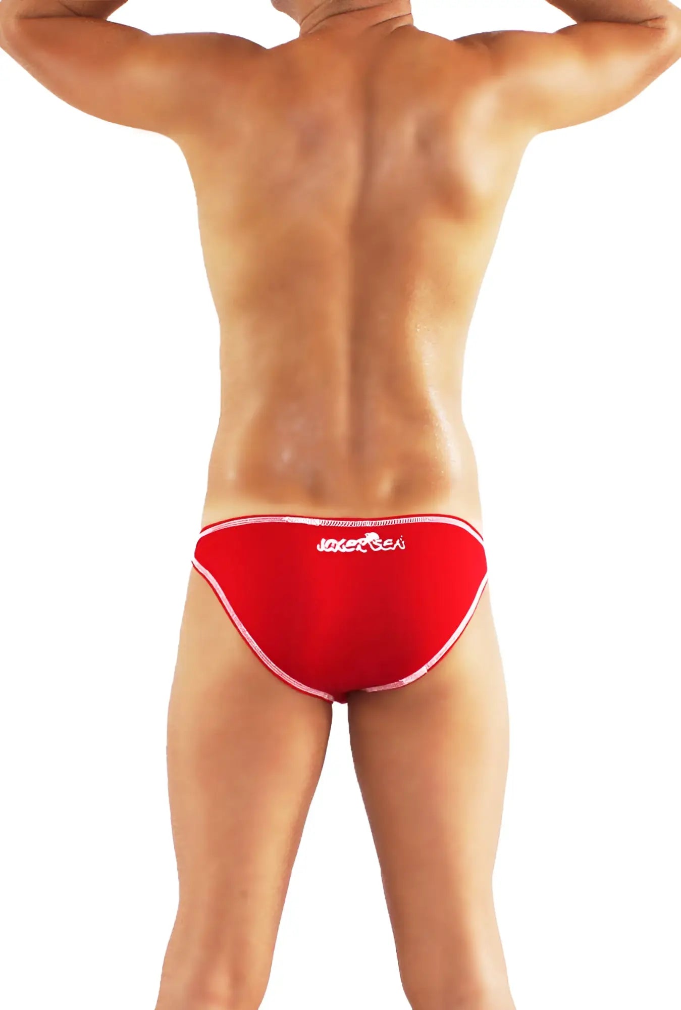 Red men’s swim trunks with white trim and small logo on waistband from Icker Sea solid slip bikini underwear series
