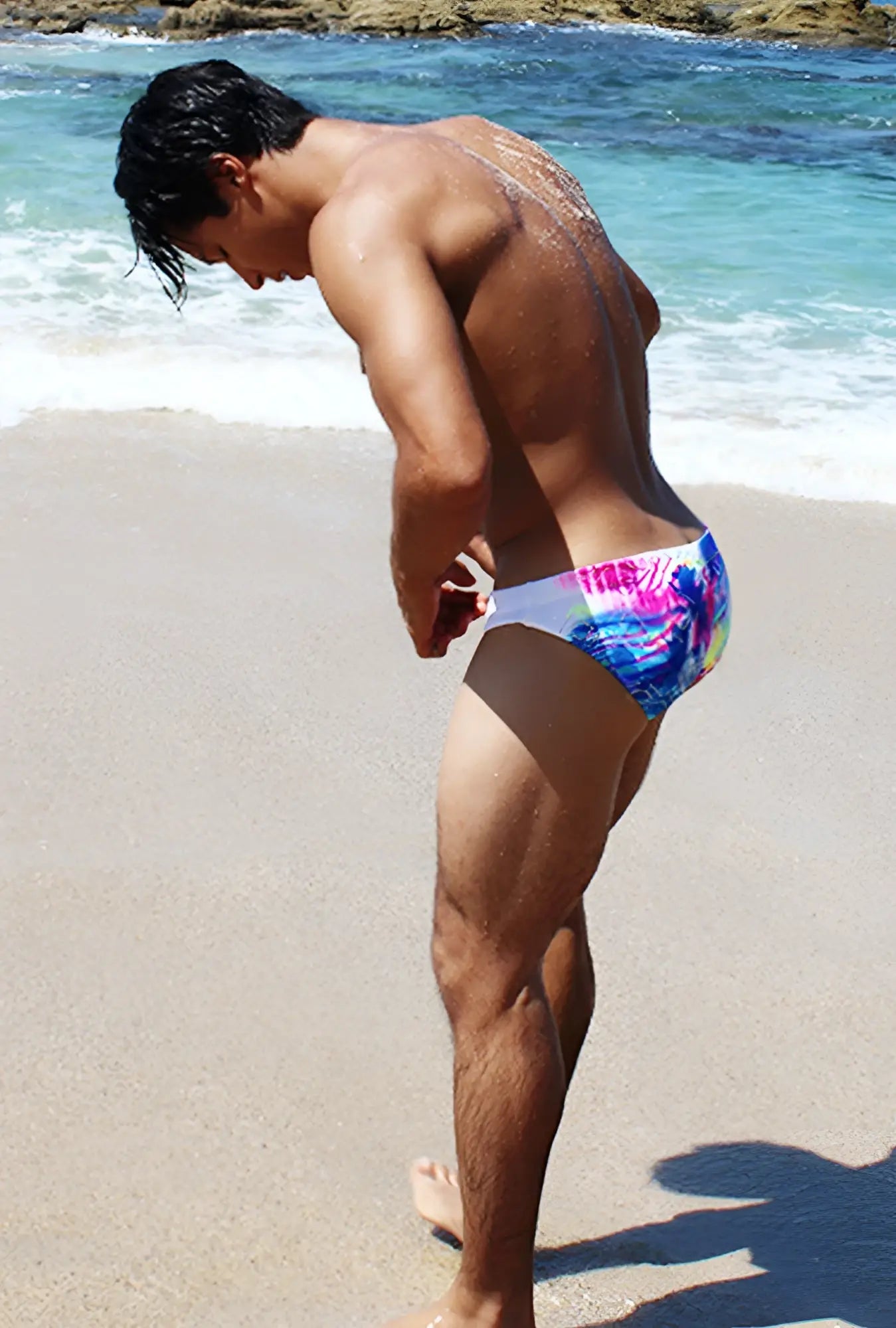 Icker Sea spring bikini swimwear vibrant tie-dye swim trunks with white waistband featuring pink blue and purple splashes