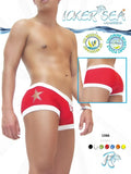 Red icker sea star tattoo square cut swim trunks with white trim uv and chlorine resistant fabric