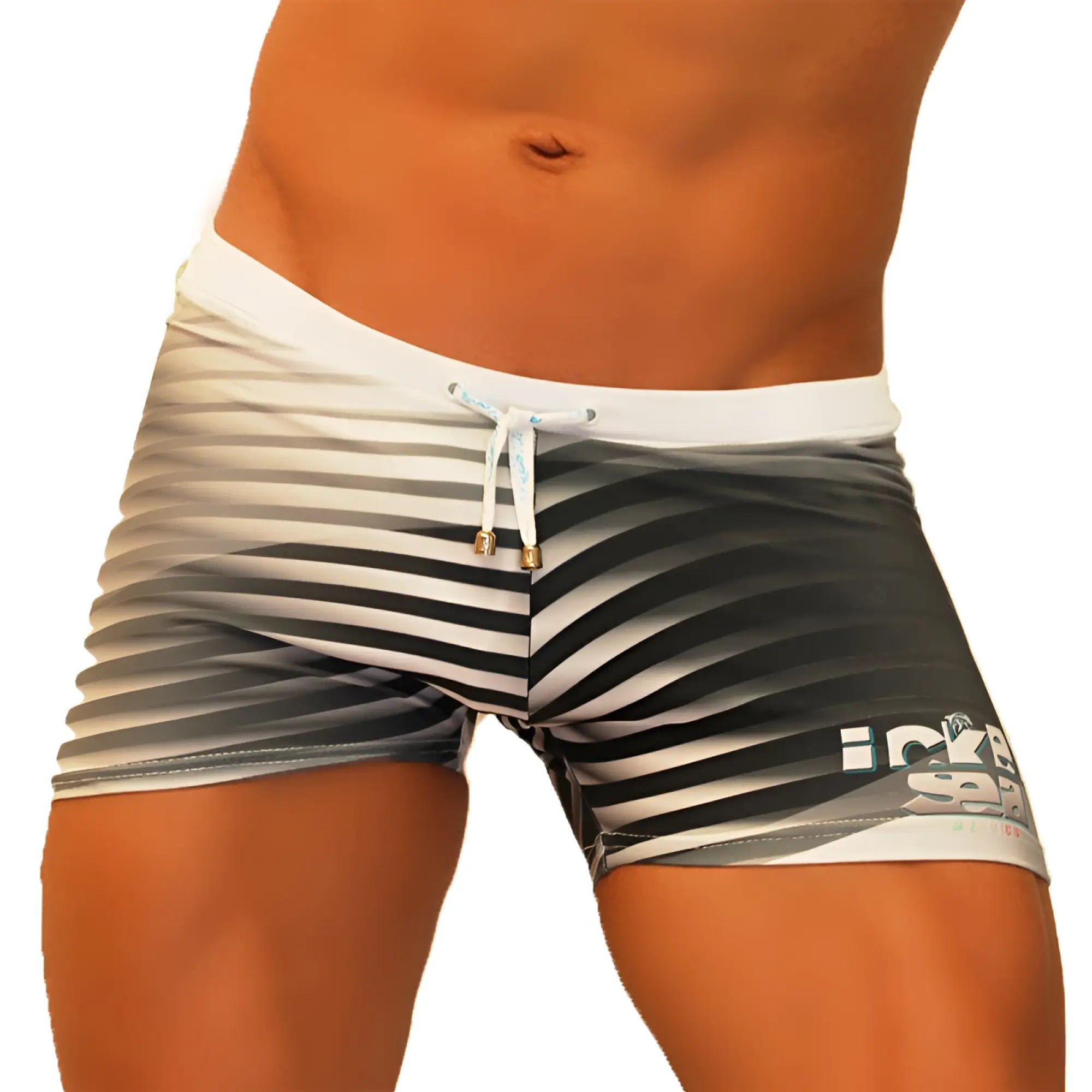 Icker Sea Steel Lines square cut swim trunks in black and white stripes with white waistband and gold drawstring ends