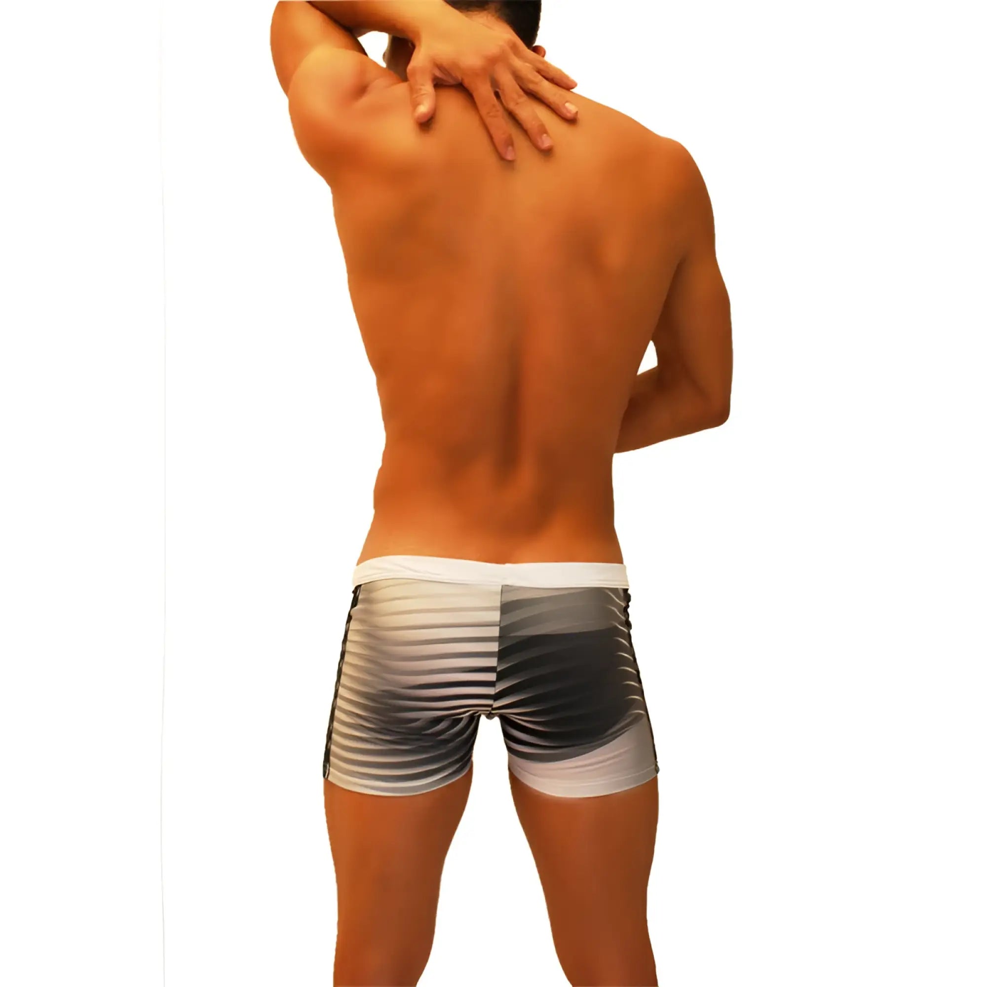 Icker Sea Steel Lines square cut trunk swimwear in grey with black and white stripes and modern design for men