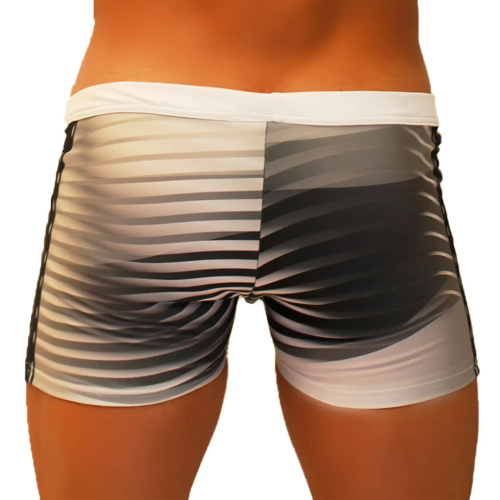 Icker Sea steel lines square cut trunk swimwear in grey with black and white stripes and a modern sleek design