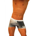 Icker Sea Steel Lines square cut trunk swimwear in black and white stripes with white waistband and drawstring