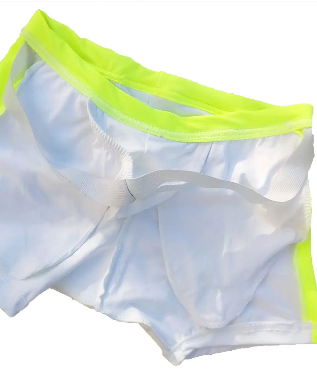 Icker Sea Steel Lines white mesh boxer briefs with neon green elastic waistband and side trim for swimwear use