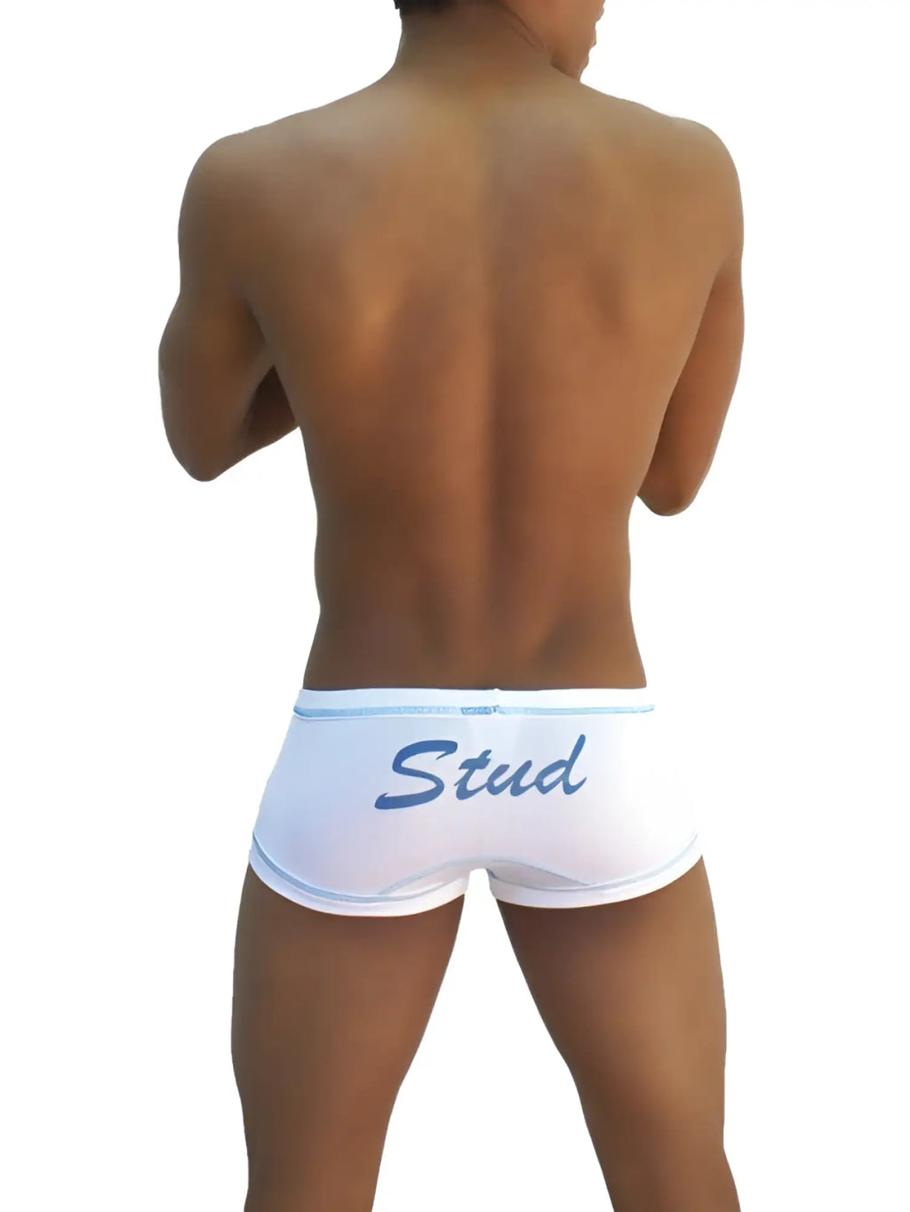 White boxer briefs with blue cursive stud lettering and light blue trim from icker sea colección
