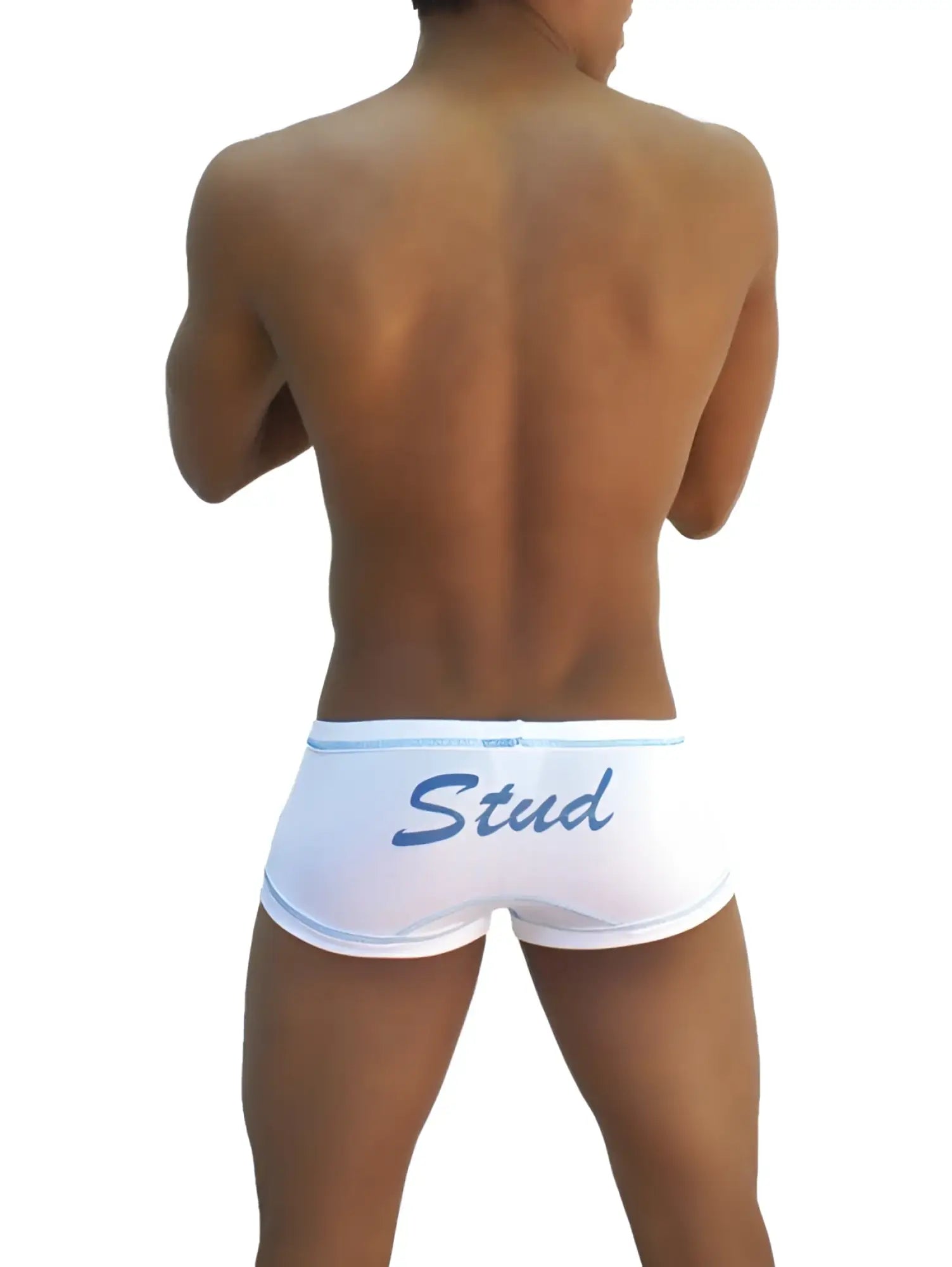 White boxer briefs with blue cursive stud lettering and light blue trim from icker sea colección