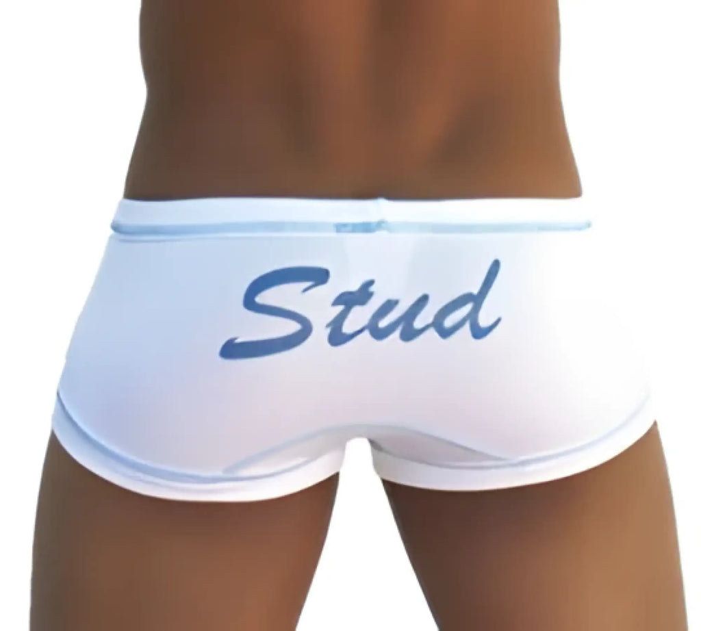 White icker sea stud boxer brief underwear with blue stud embroidery on waistband front in cotton blend