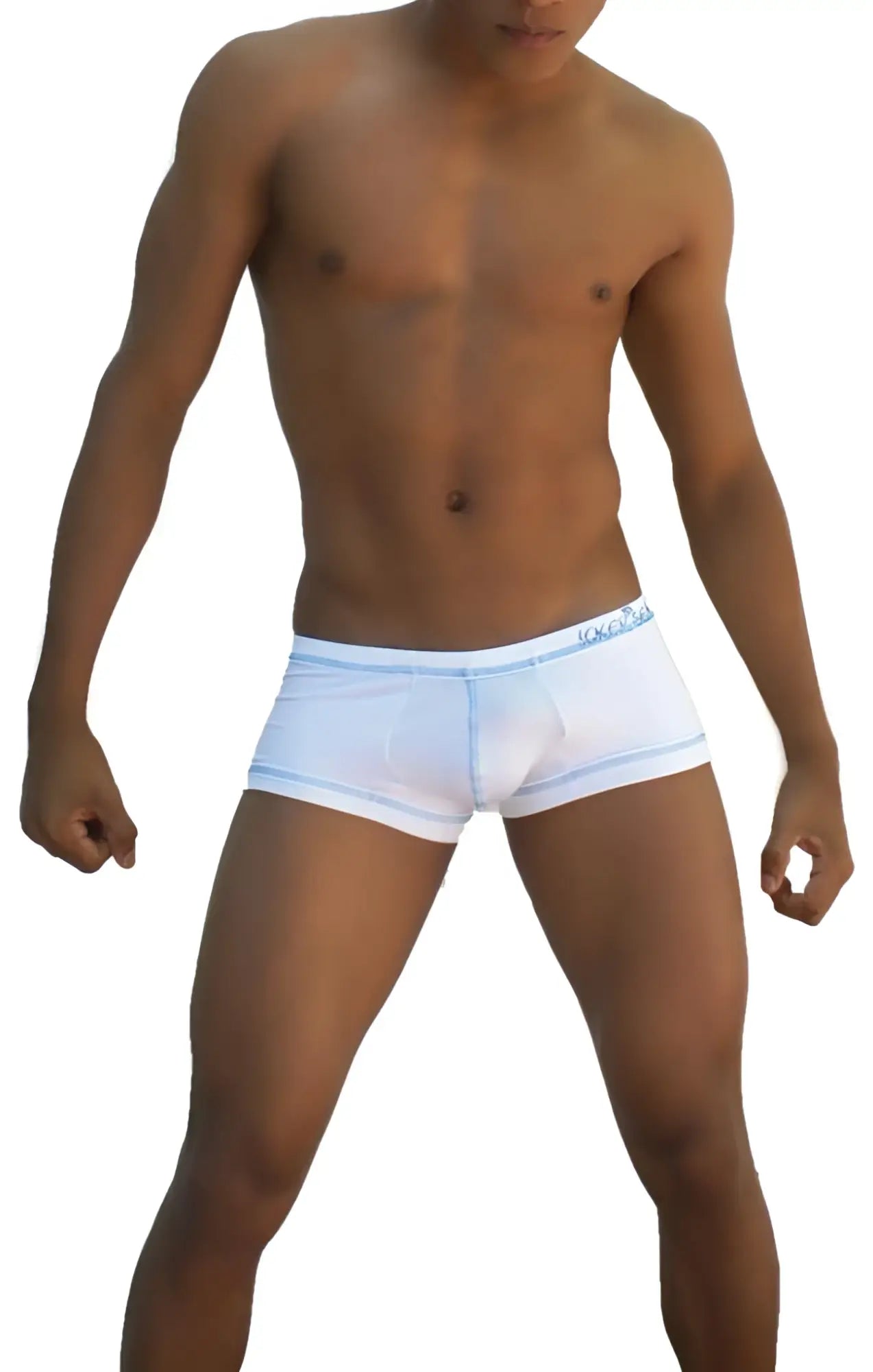 White icker sea stud boxer brief underwear with blue trim and subtle logo on waistband in cotton blend fabric