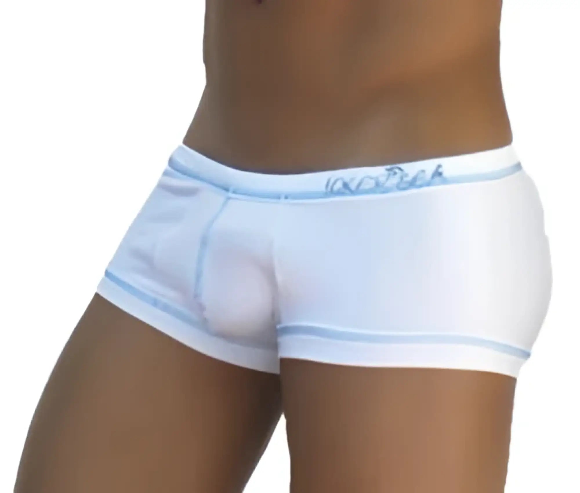 White men’s boxer briefs with light blue trim and subtle logo on waistband for comfortable everyday wear
