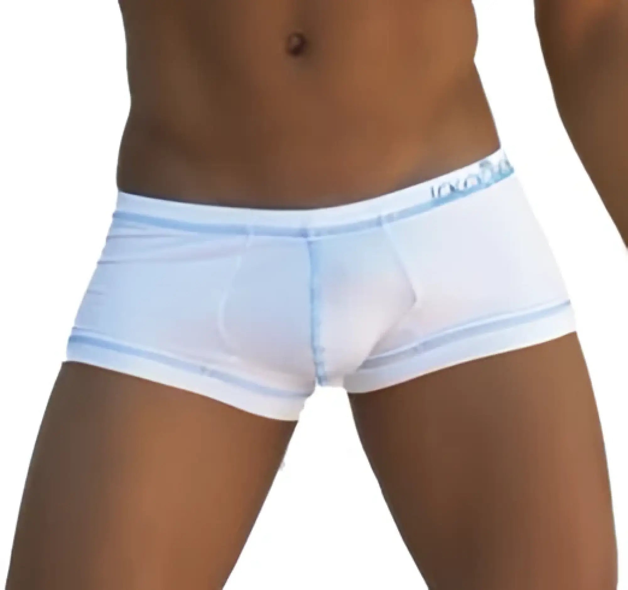 Icker sea stud white men’s boxer briefs with light blue trim and subtle logo waistband for comfortable wear