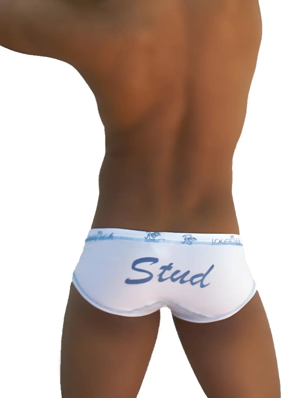 White briefs underwear with blue cursive stud lettering and a matching elastic waistband by icker sea