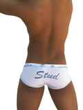 White briefs underwear with blue cursive stud lettering and a matching elastic waistband by icker sea