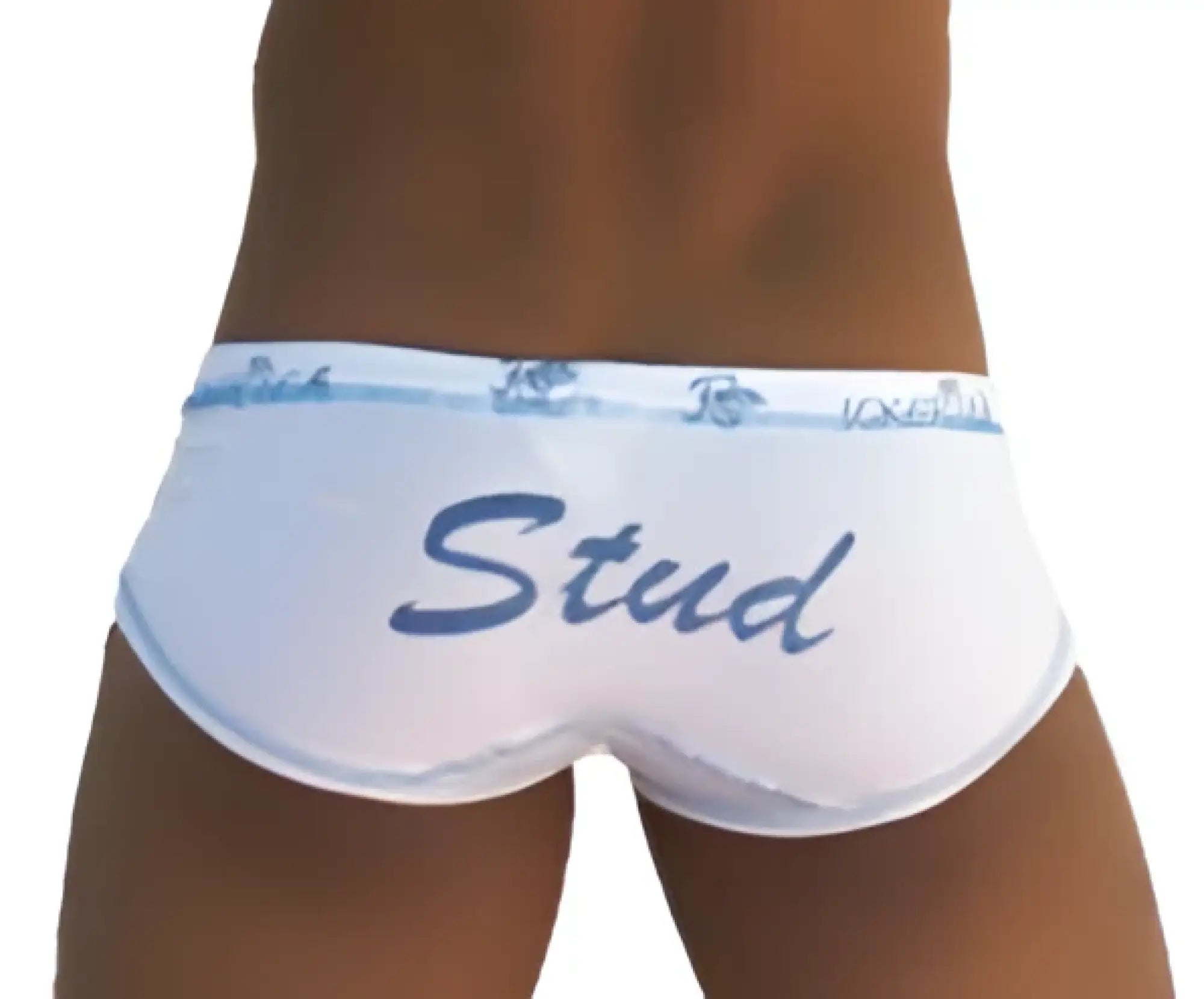 Icker Sea stud brief underwear in white with blue stud lettering and matching elastic waistband for comfortable fit