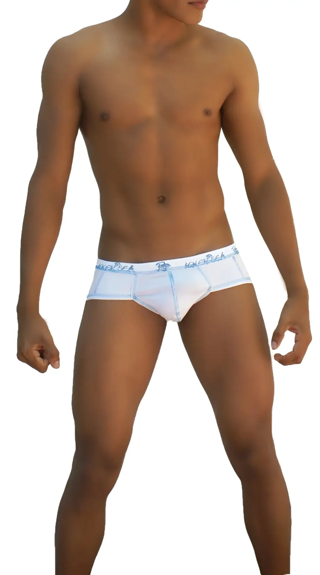 White icker sea stud brief underwear with light blue trim and subtle waistband pattern for comfortable daily wear