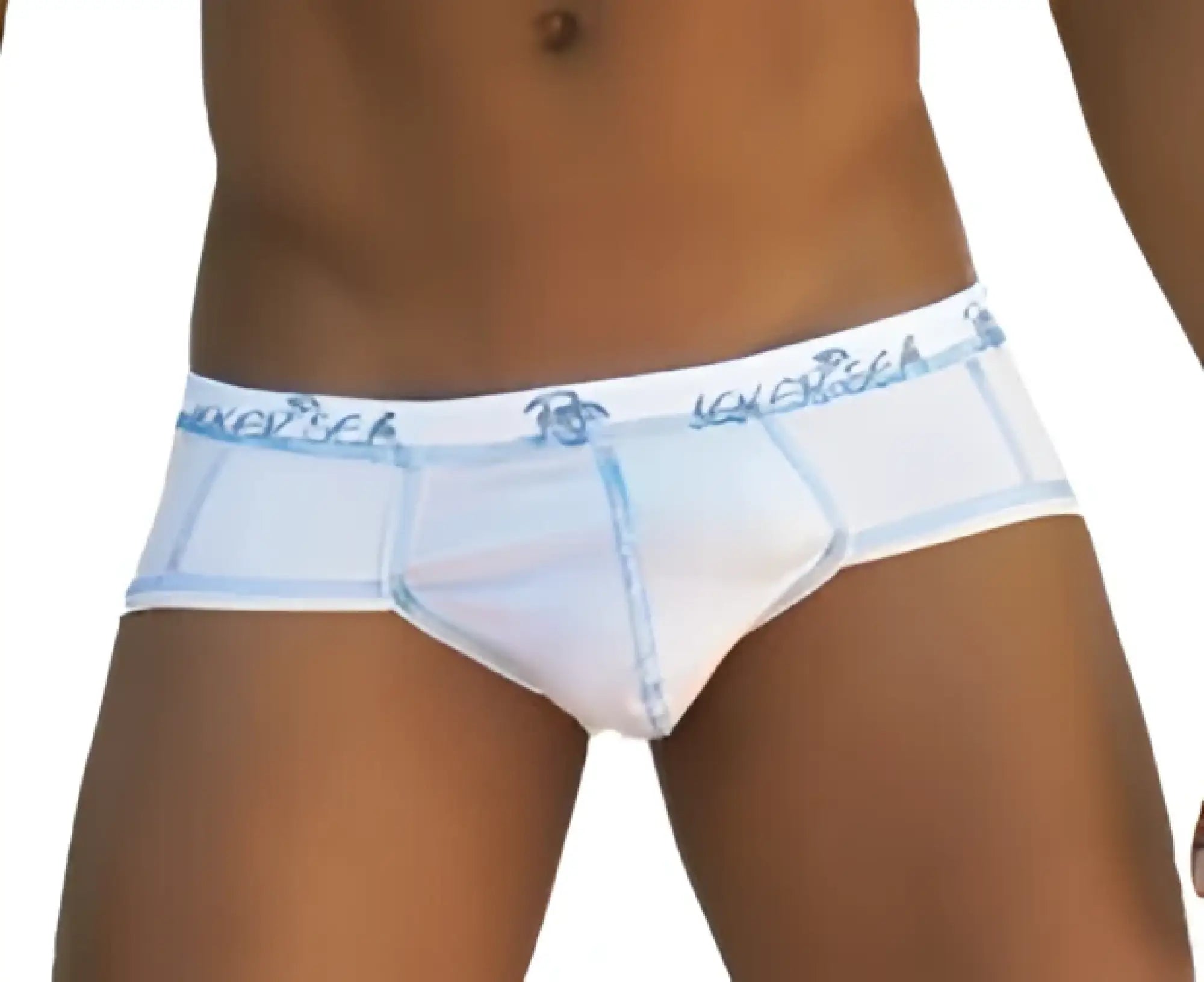 Icker sea stud brief underwear in white with light blue trim and subtle patterned waistband for comfortable wear