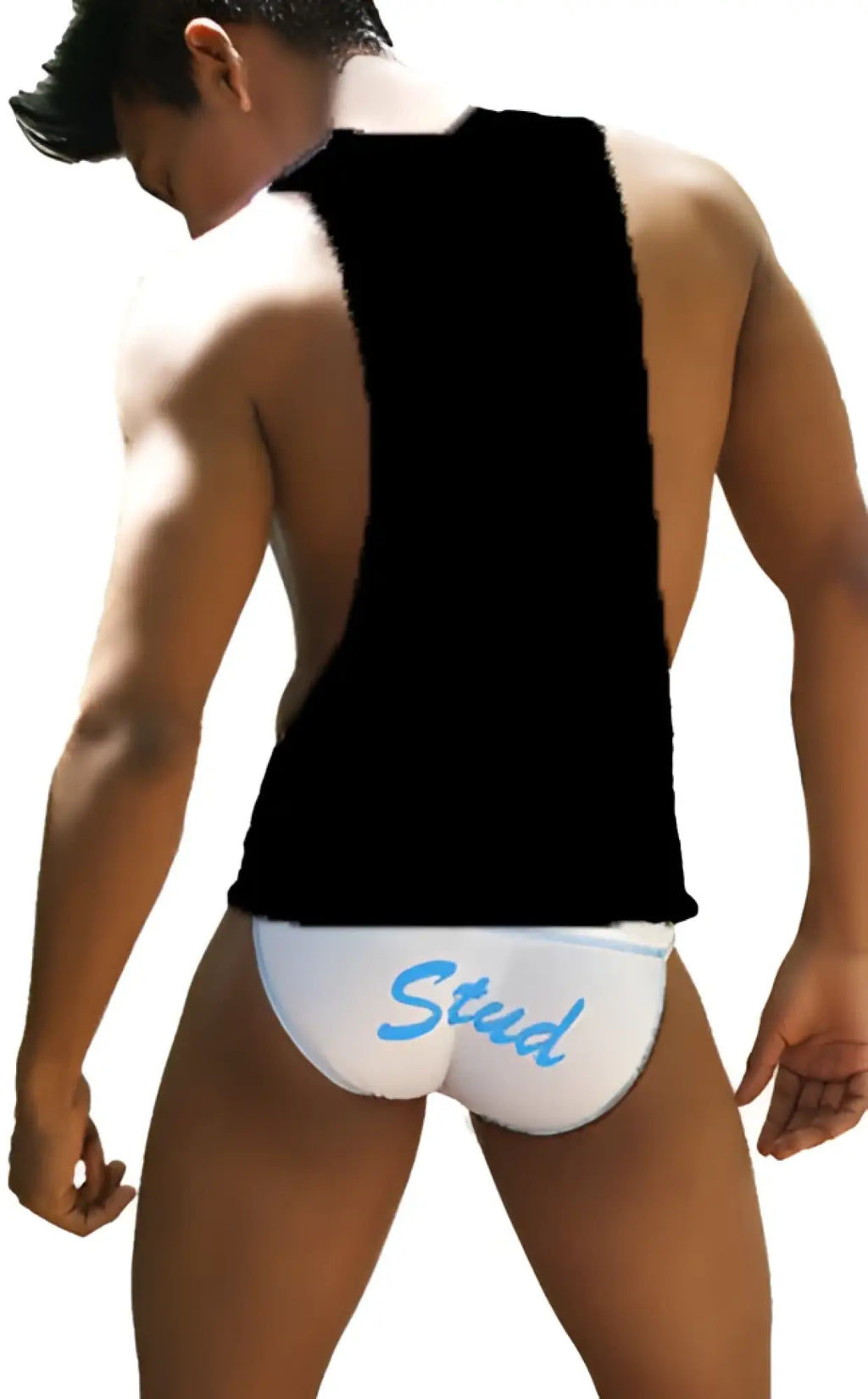 White briefs with blue stud lettering paired with an icker sea stud large armhole tank top black blue ca-16-st-53