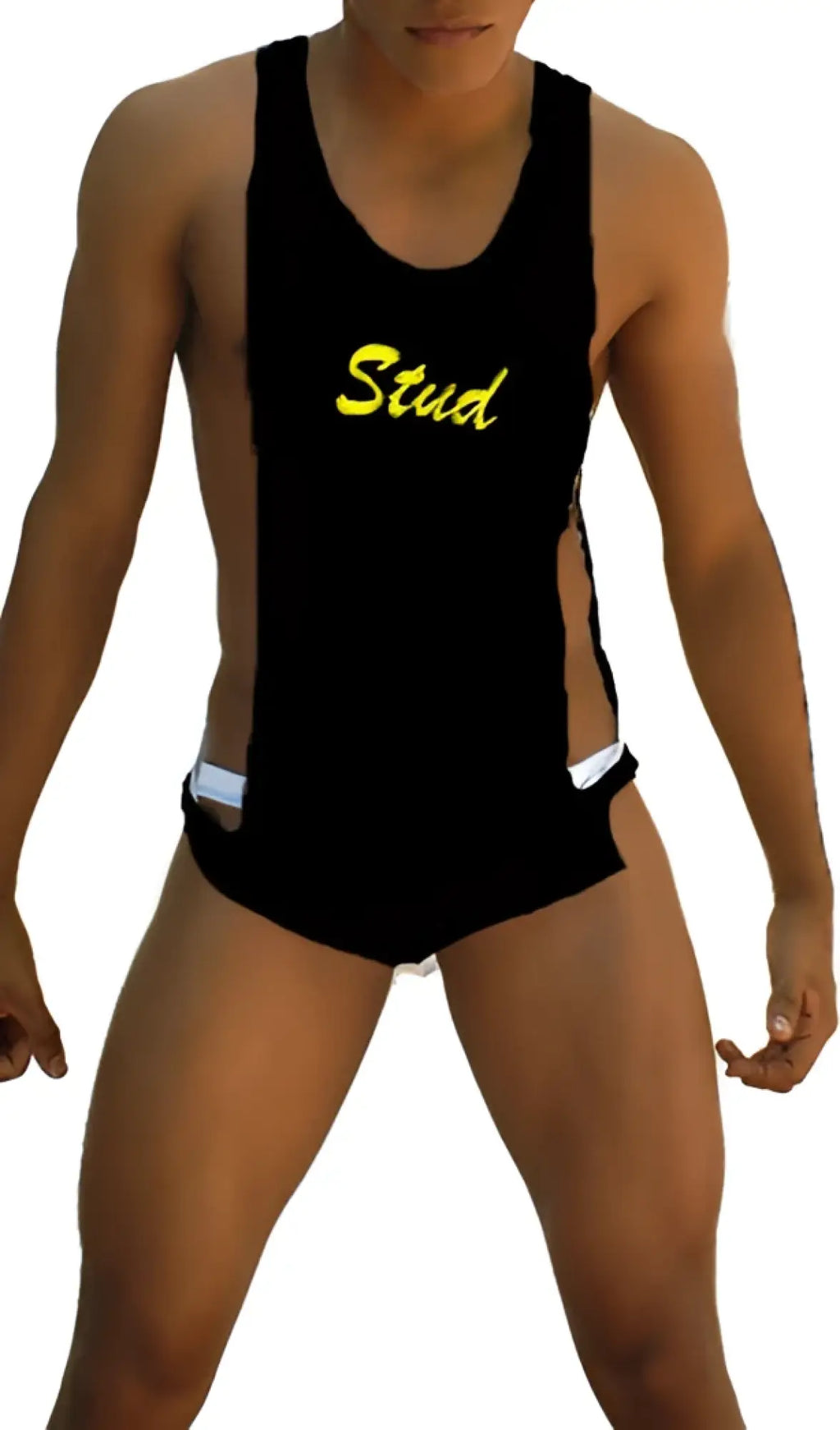 Black icker sea stud large armhole tank top t shirt with yellow stud lettering and white trim along the sides