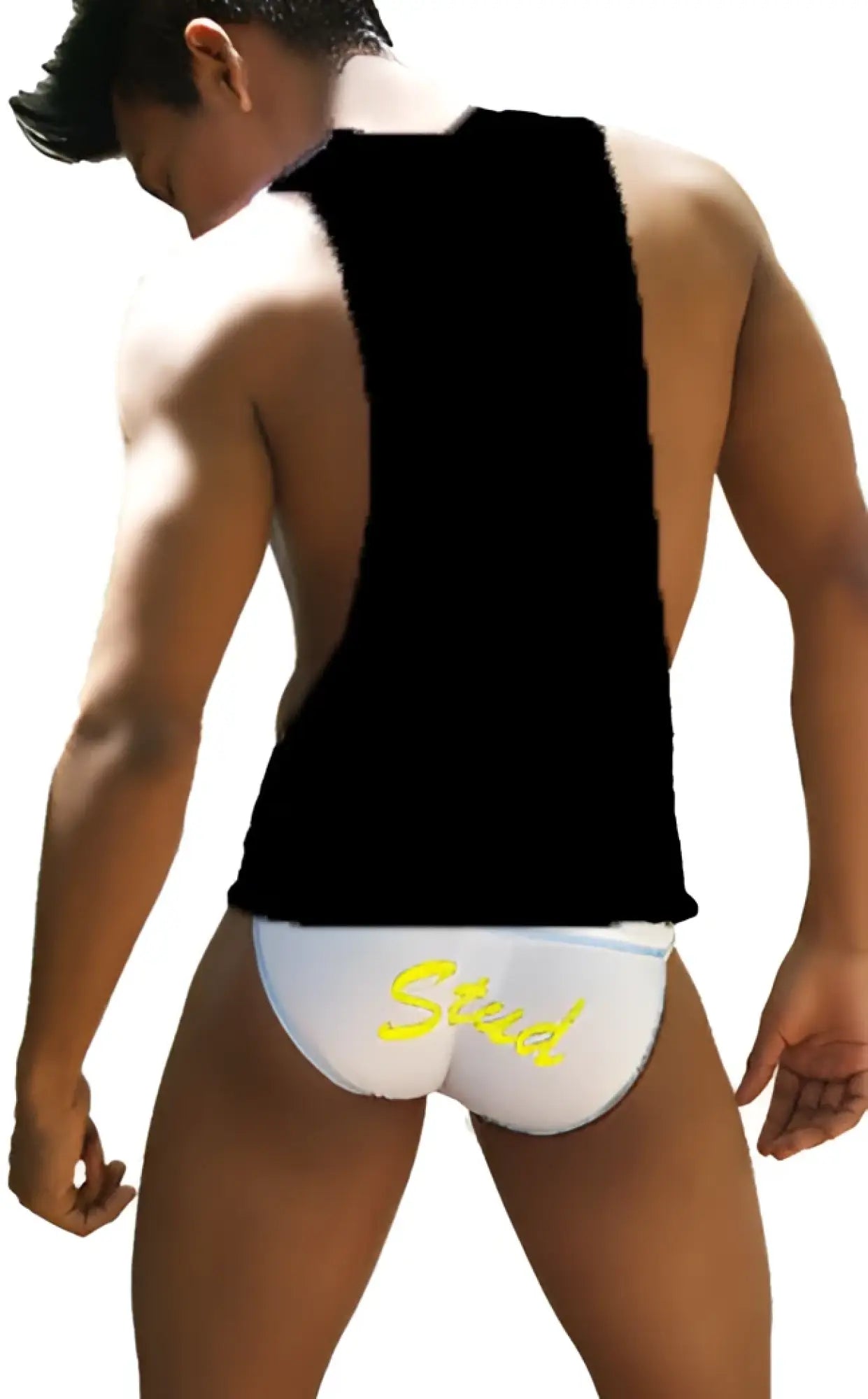 White briefs with yellow stead logo paired with black and mango icker sea stud large armhole tank top tshirt