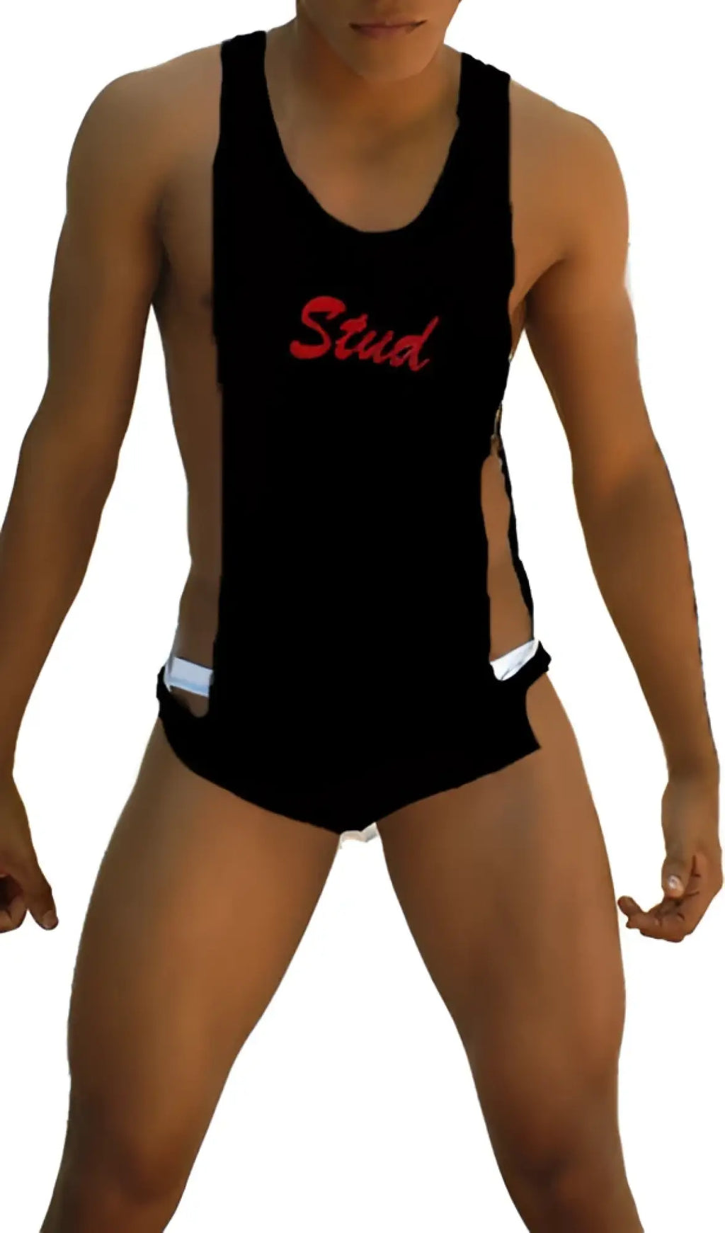 Black tank style wrestling singlet with red stud lettering and large armholes for active performance use